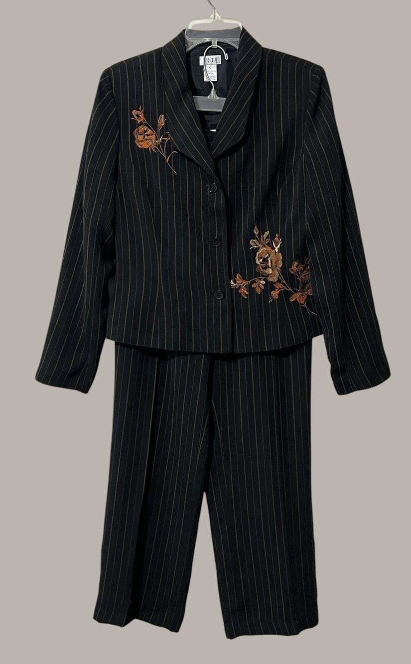 Betu Pant Suit Womens 10 Vintage Black Pinstripe Embroidered Business Career